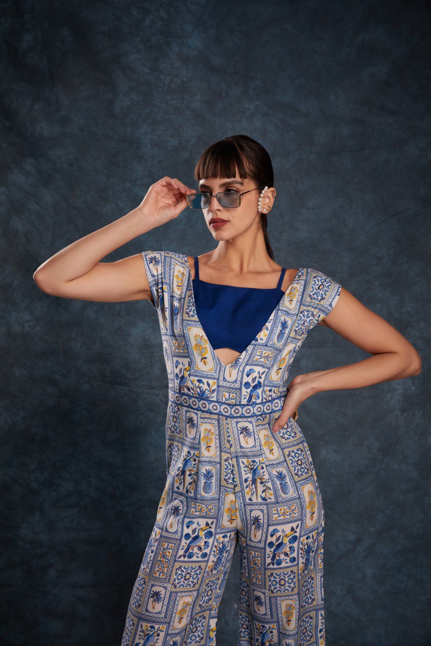 Blue Color Linen Printed Jump Suit