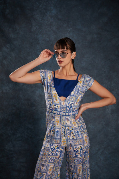 Blue Color Linen Printed Jump Suit