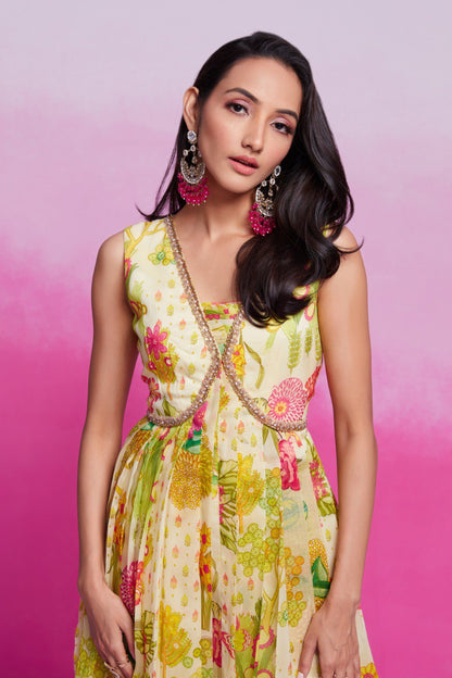 Yellow Color Organza Printed Gown