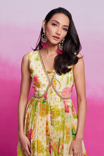 Yellow Color Organza Printed Gown
