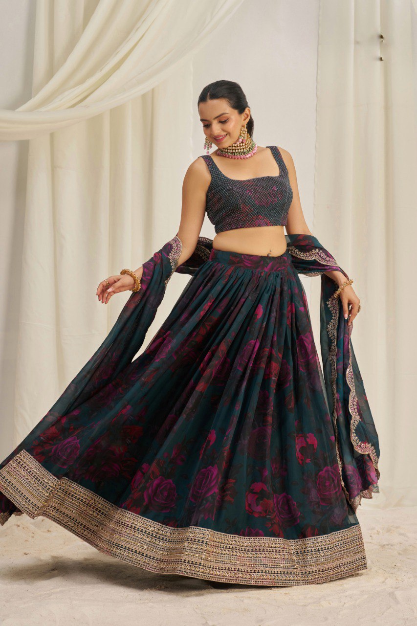 Blue Color Organza Printed Sequence Lehenga Choli