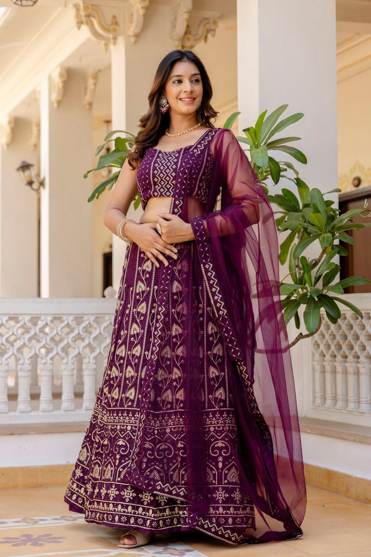 Wine Color Georgette Sequence Lehenga Choli