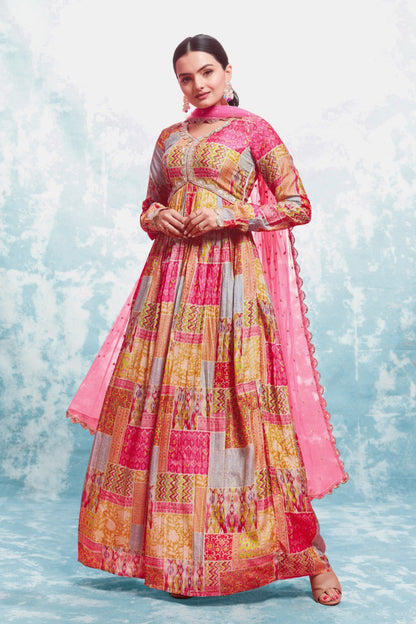 Latest Pink Color Cotton Printed Gown Dupatta