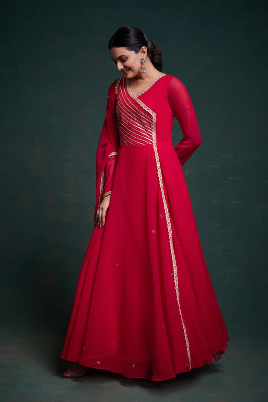 Party Wear Red Color Georgette Gotta Pattii Gown