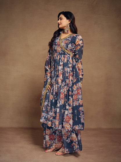 Blue Color Embroidered Chiffon Plazo Suit