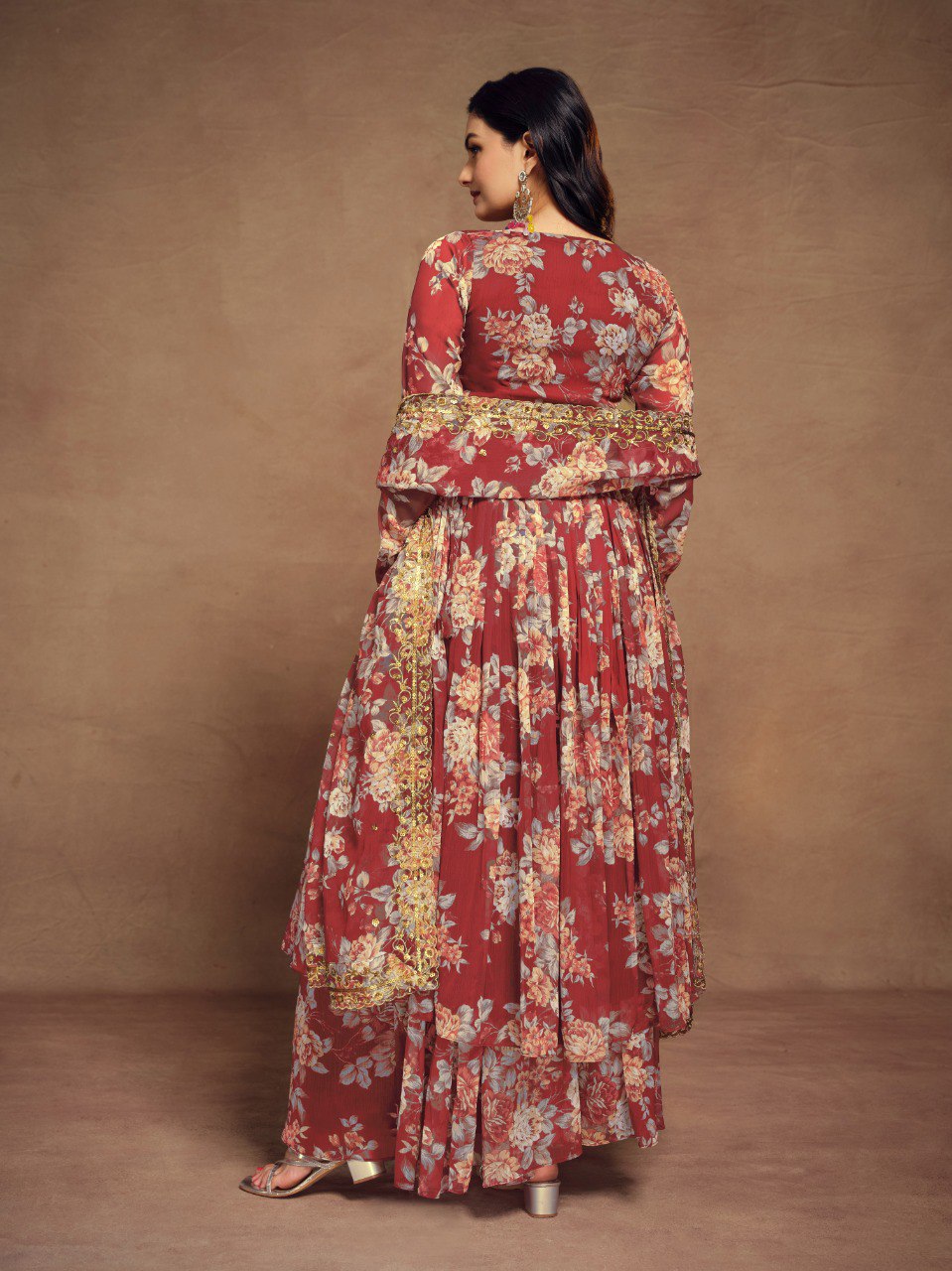 Red Color Chiffon Embroidered Zari Plazo Top Dupatta