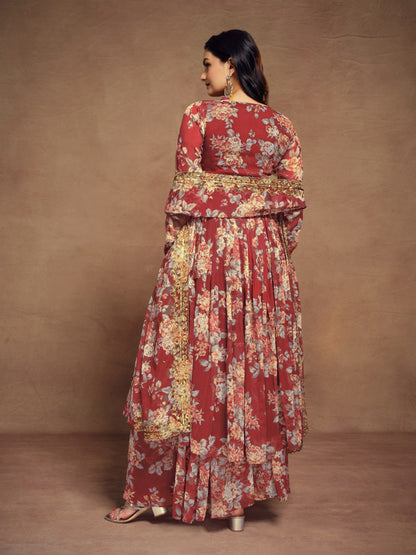 Red Color Chiffon Embroidered Zari Plazo Top Dupatta