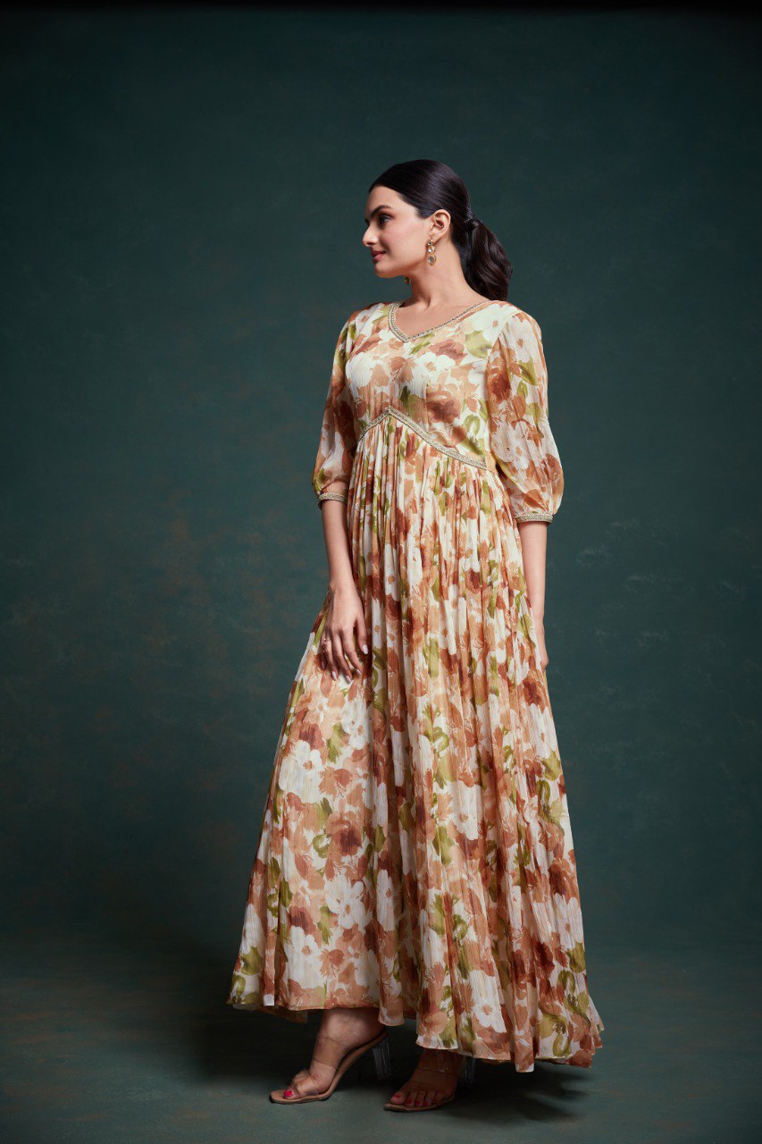 Party Wear Cream Color Chiffon Gown