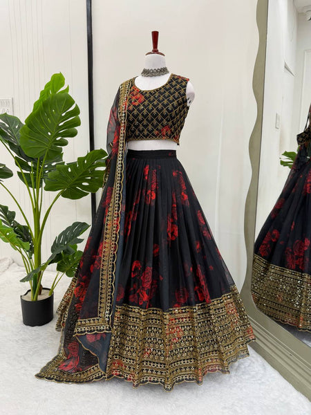 Black Color Organza Printed Sequence Lehenga Choli
