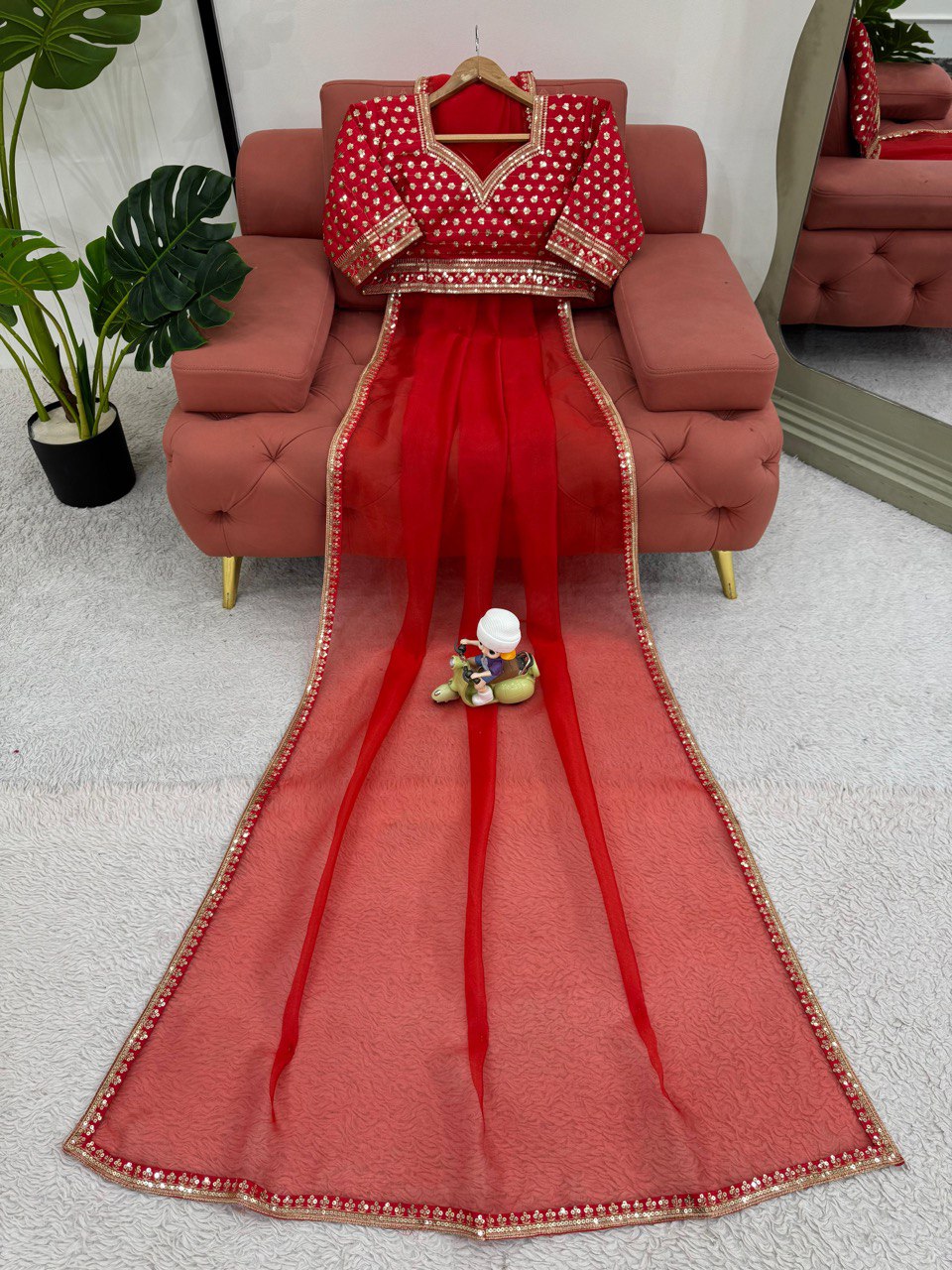 Organza Silk Saree with All-Over Thread & Sequin Work and Matching Blouse
