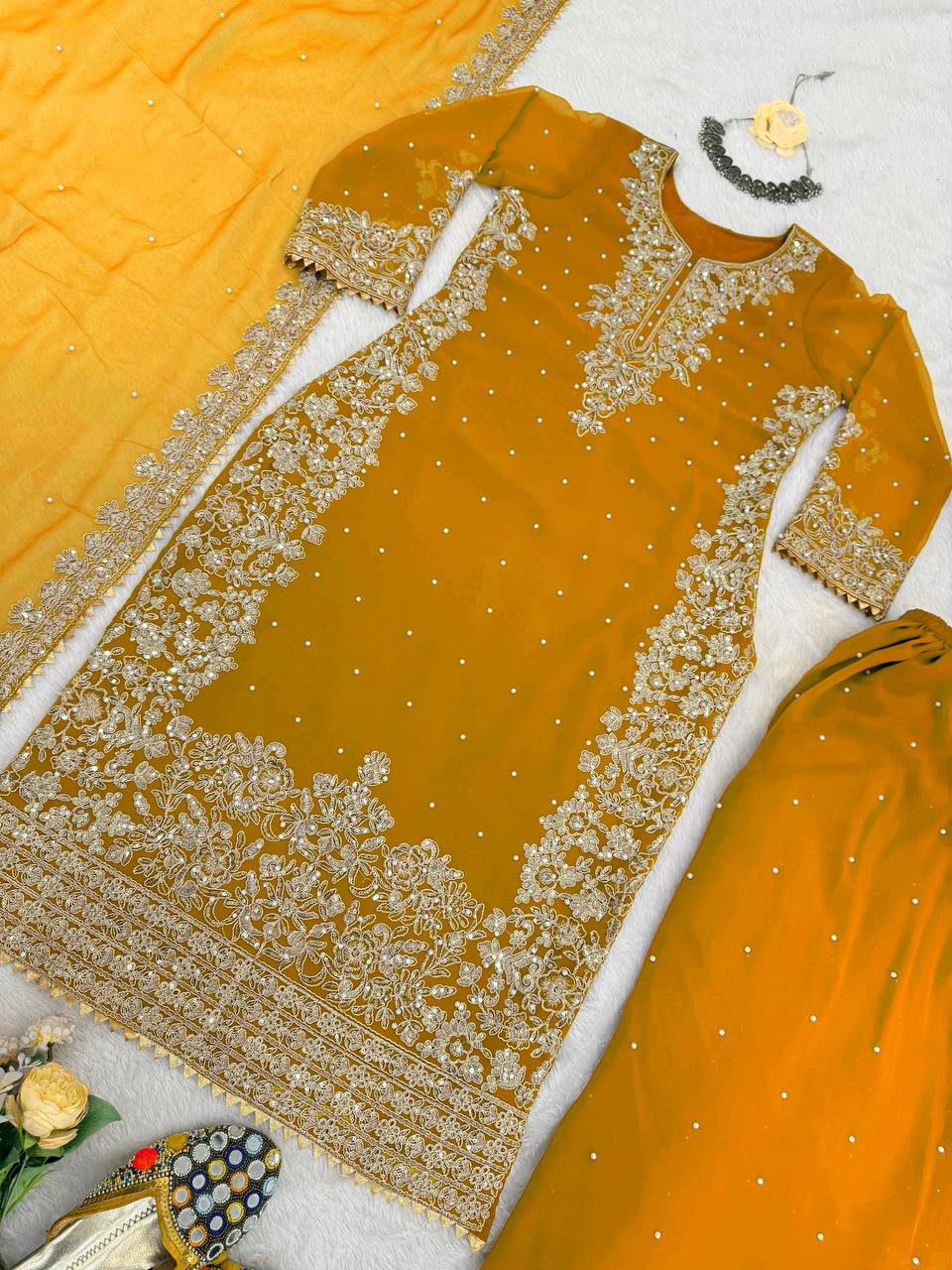 Faux Georgette Dress with Coding & Sequence Work | 3-Piece Plazo Suit