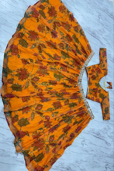 Vibrant Orange Floral Taby Silk Lehenga Choli Set