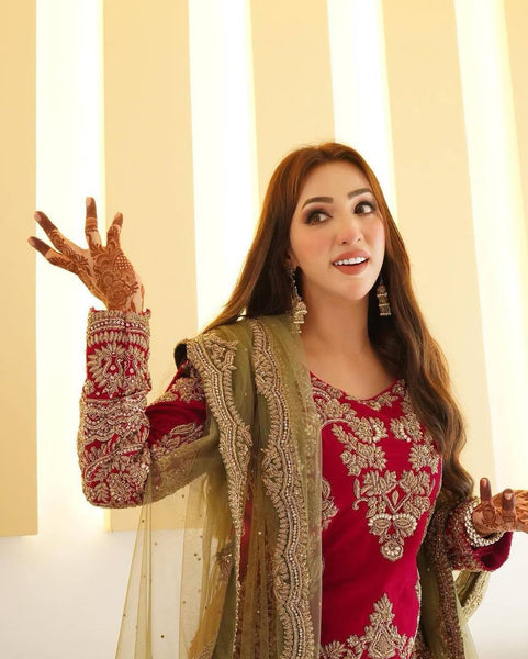 Red Color Georgette Embroidery Plazo Suit