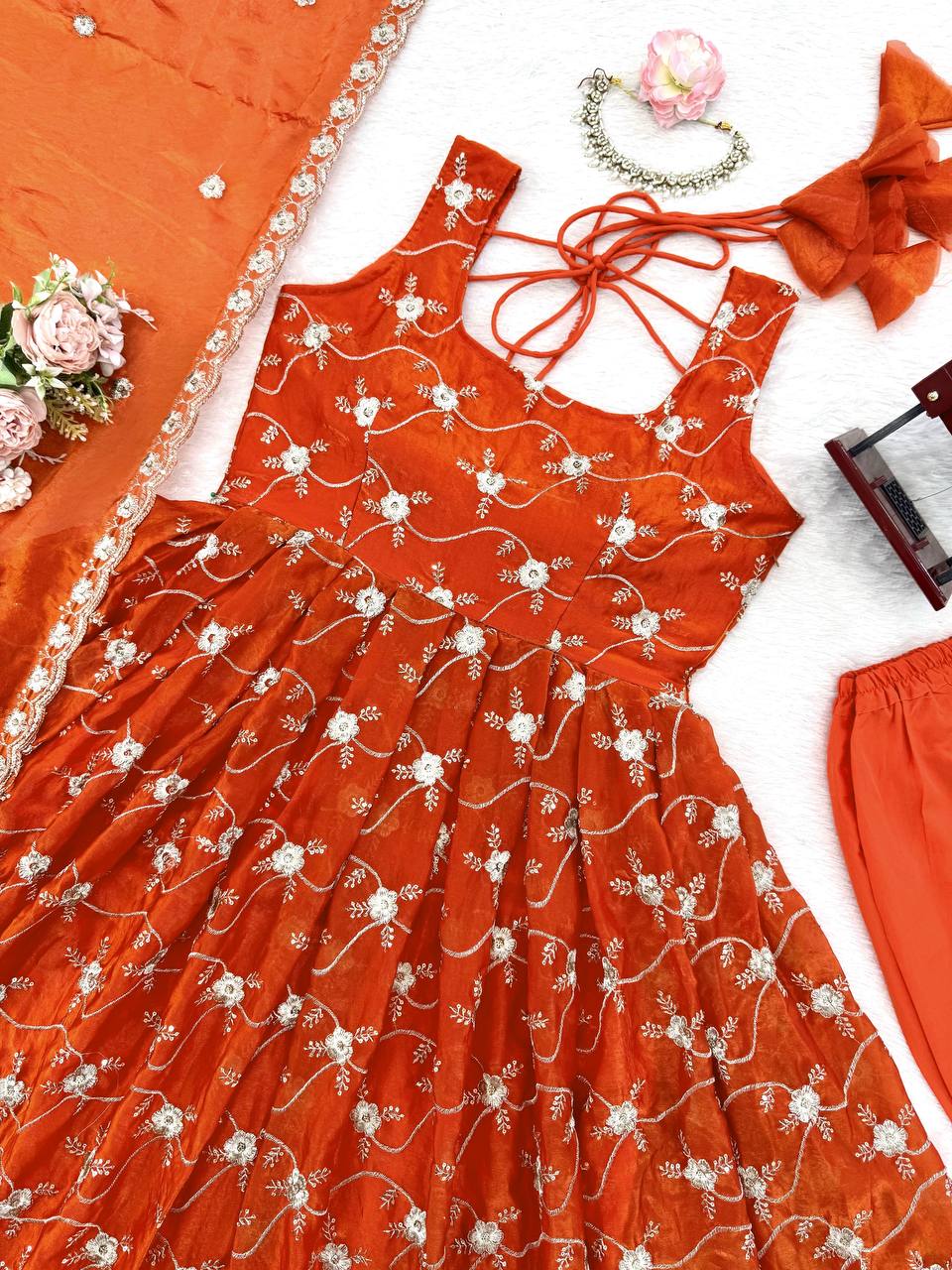Orange Heavy Fendy Silk Anarkali Dress with Dupatta | Thread & Sequin Work | Sizes M to XXL
