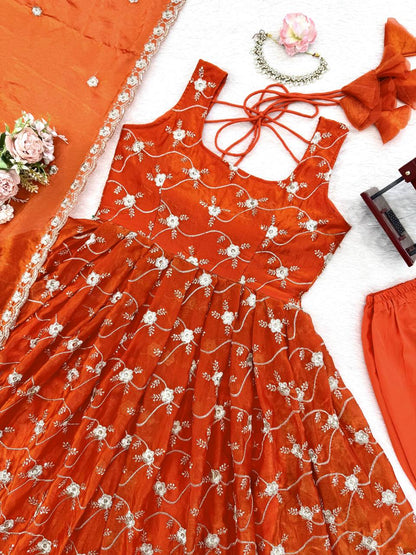 Orange Heavy Fendy Silk Anarkali Dress with Dupatta | Thread & Sequin Work | Sizes M to XXL