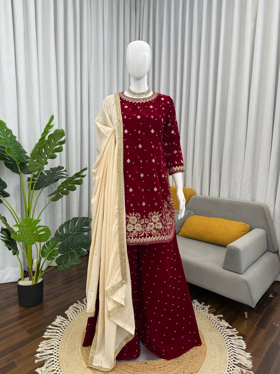 Velvet Pearl Work Plazo Suit
