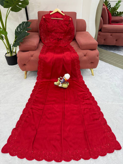 Party Wear RED Color Satin Silk Sequence Thread Work Saree Blouse