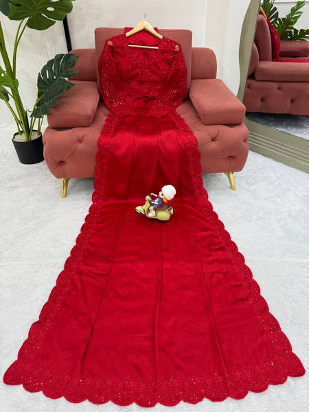 Party Wear RED Color Satin Silk Sequence Thread Work Saree Blouse