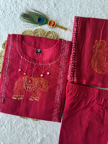 Red Hand Work Roman Silk Kurti Pant Set