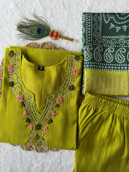 Green Color Hand Work Roman Silk Ready Made Salwar Suit