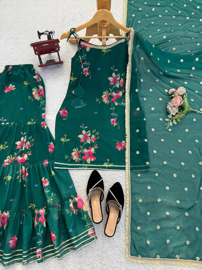 Elegant Digital Print Faux Georgette Sharara Set with Ruffle Style