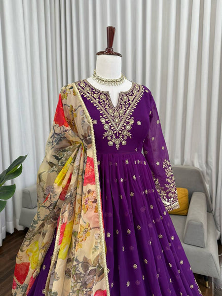 Elegant Georgette Gown Set with Organza Digital Print Dupatta