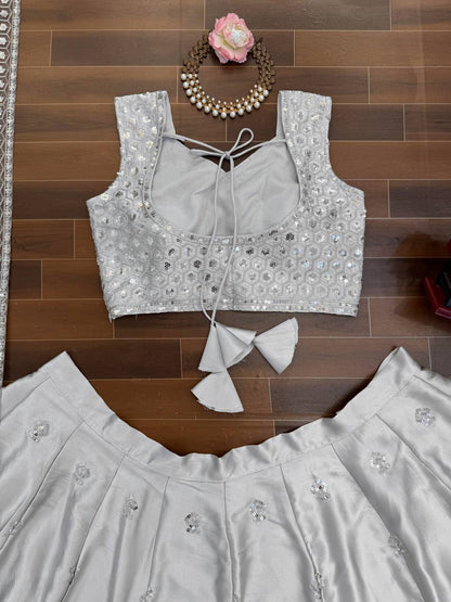 Elegant Silver Japan Satin Embroidered Lehenga Choli Set
