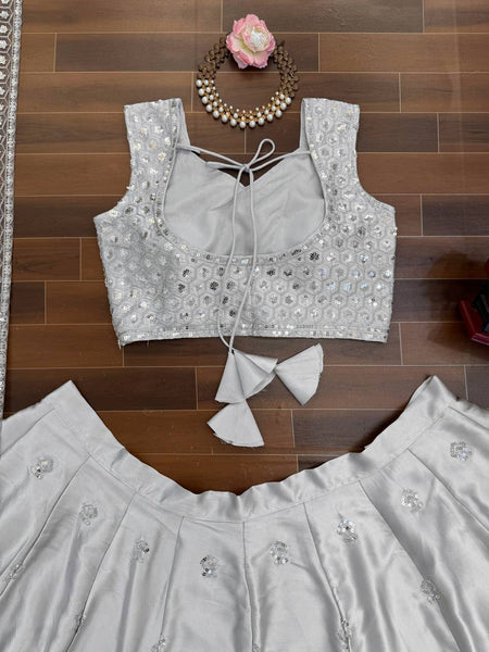 Elegant Silver Japan Satin Embroidered Lehenga Choli Set