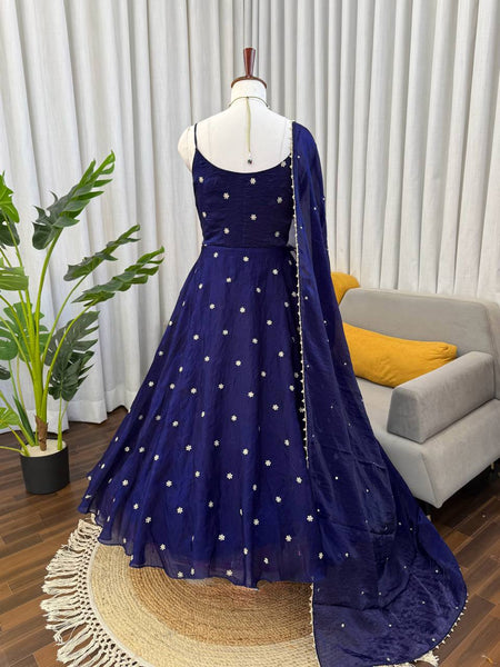 Elegant Navy Blue Fendy Silk Embroidered Anarkali Suit Set with Moti-Lace Dupatta