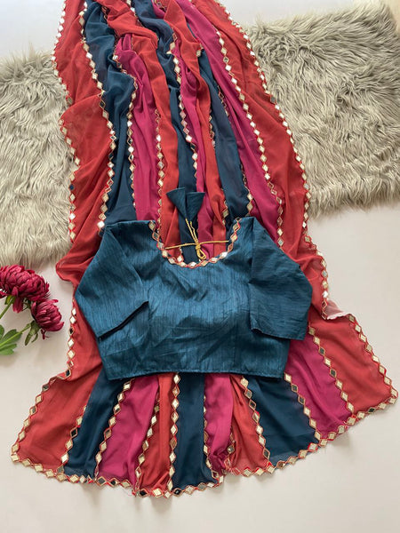 Bollywood Blockbuster: Premium Faux Georgette Saree with Real Mirror Work & Coding Lace