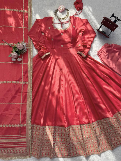 Premium Pink Chinon Silk Anarkali Suit Set