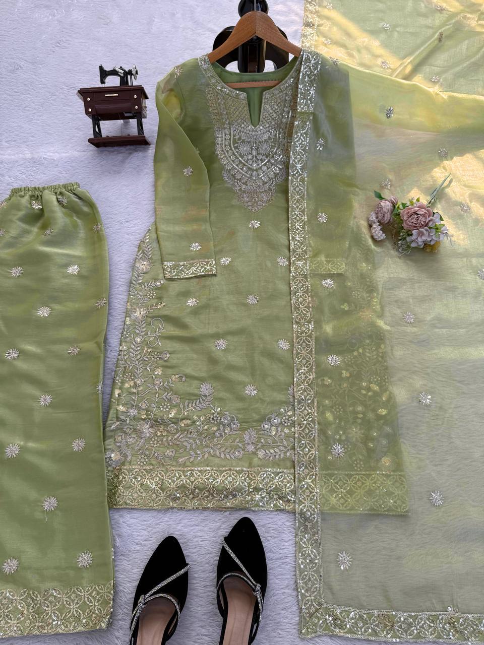 Elegant JMC Silk Three-Piece Set with Intricate Thread Work