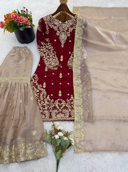 Heavy GMY Silk Embroidered Sharara Suit Set