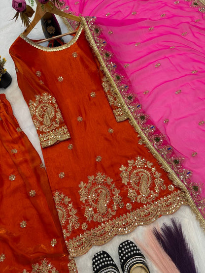 Exquisite Embroidery Fandy Crushi Silk Farshi Salwar Suit Set