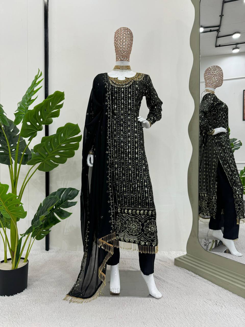 Elegant Faux Georgette Embroidered Suit Set with Real Mirror Work Latkan