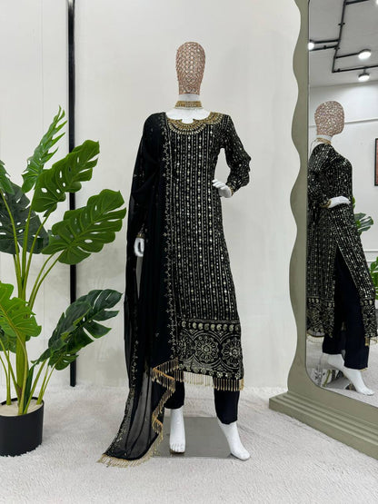 Elegant Faux Georgette Embroidered Suit Set with Real Mirror Work Latkan