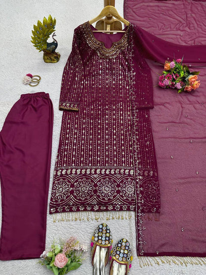 Elegant Faux Georgette Embroidered Suit Set with Real Mirror Work Latkan