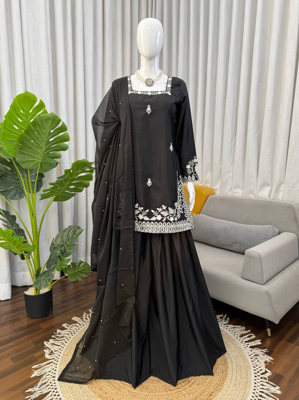 Elegant Heavy Natural Crep Top Palazzo Set with Tibby Silk Moti Work Dupatta