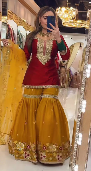 Exquisite Faux Georgette Embroidered Sharara Set