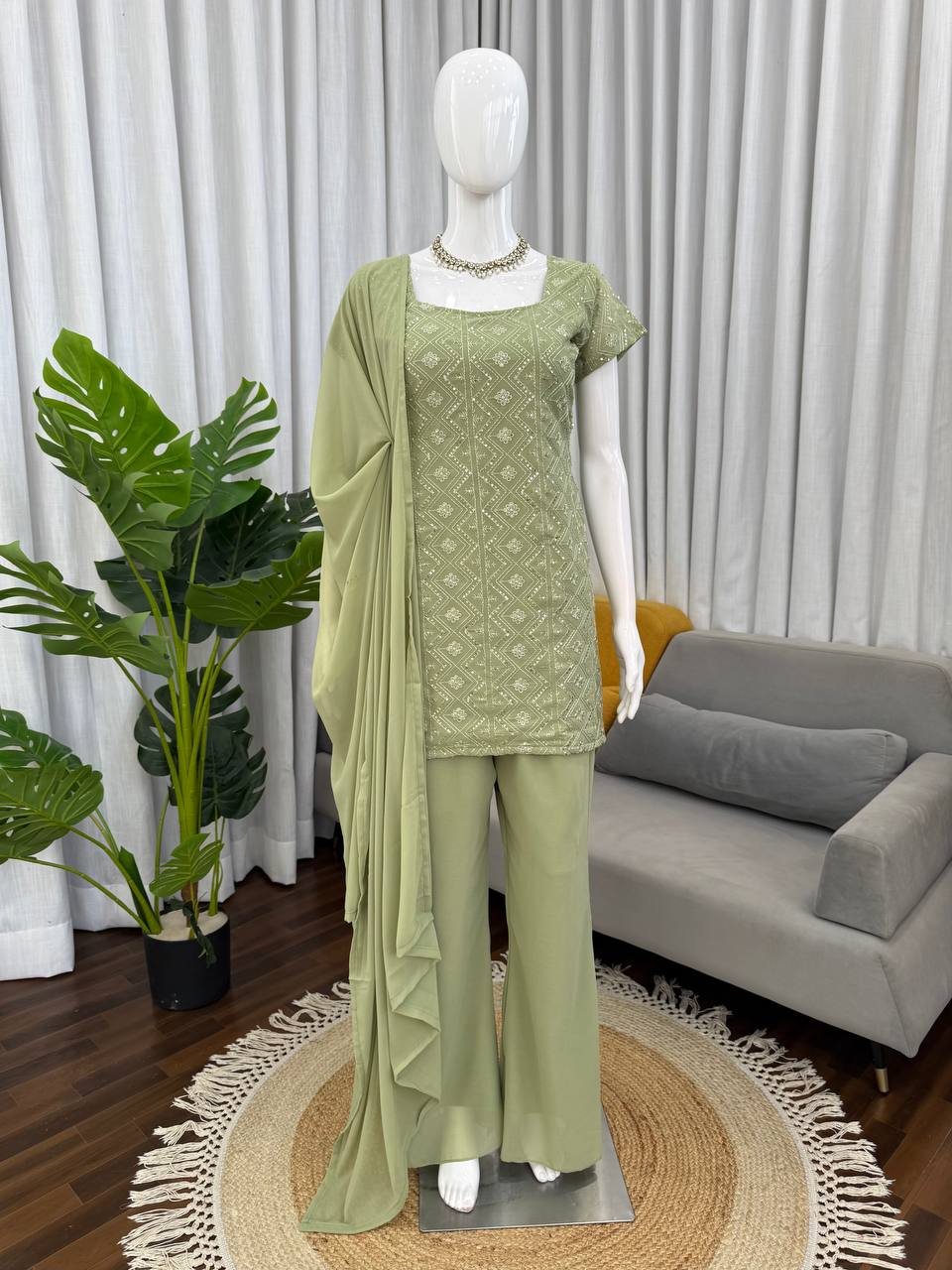 Faux Georgette Top & Boot-Cut Pant Set