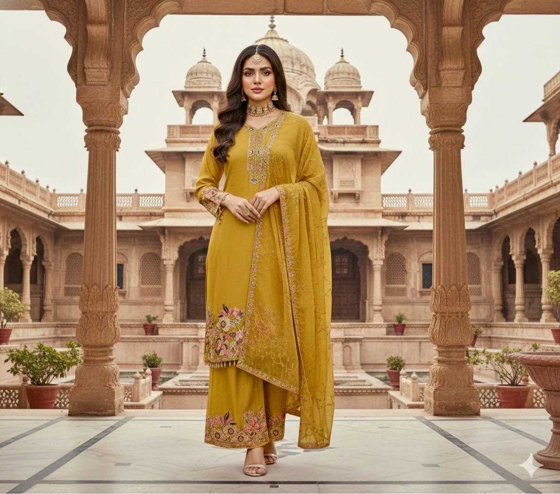 Exquisite Faux Georgette Embroidered Palazzo Set