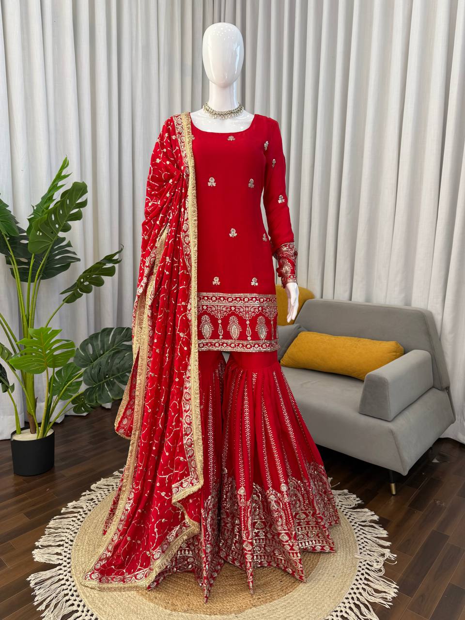Embroidered Chinon Silk Sharara Set with Sequence Work
