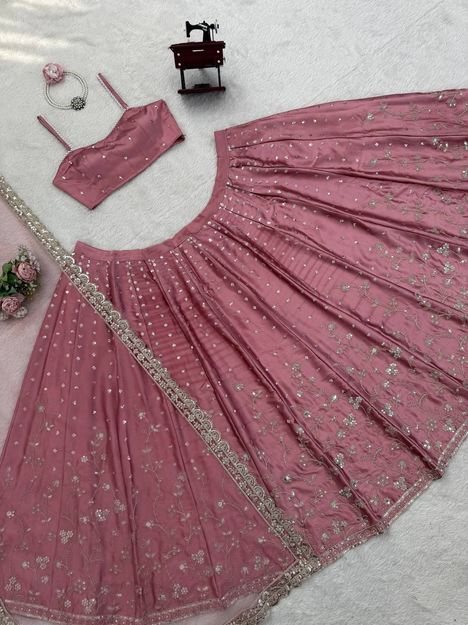 Elegant Japan Satin Lehenga Choli with Coding Dori Sequence Work