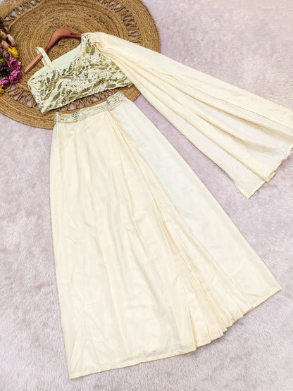 Elegant Crape Silk Dhoti Style Saree – Ready-to-Wear with Multi-Thread Embroidery & Sequin Work