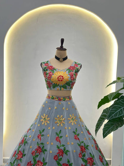 Exquisite Faux Georgette Lehenga Choli with Sequin Thread Embroidery