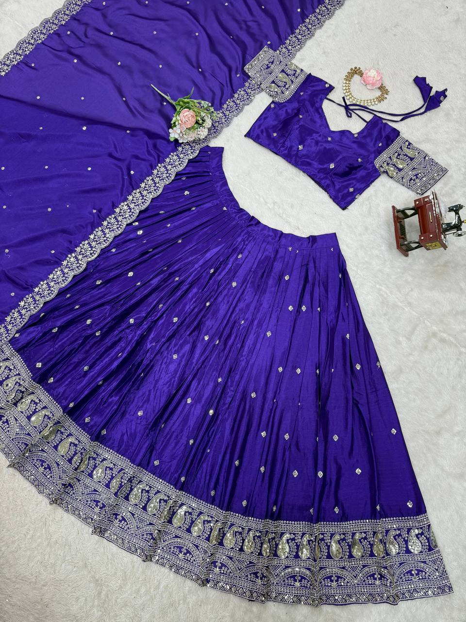 Premium Chinon Silk Fully Stitched Lehengha Choli with Heavy Sequence Threadwork 3-Meter Cancan Flair
