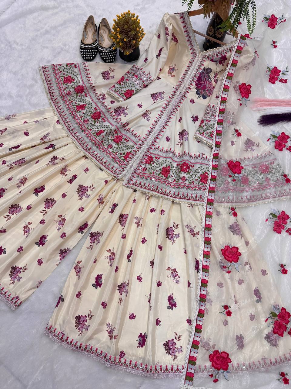 Heavy Natural Crepe Silk Peplum Top with Sharara & Dupatta Set