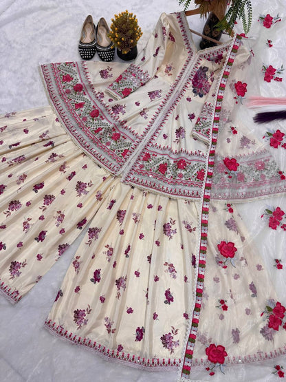 Heavy Natural Crepe Silk Peplum Top with Sharara & Dupatta Set