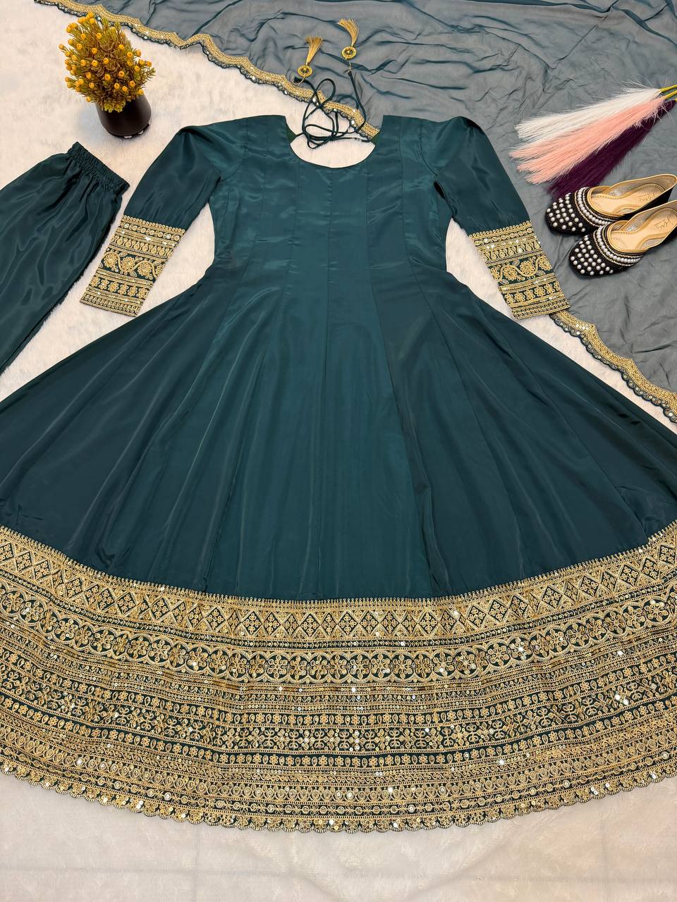 Heavy Natural Crape Embroidered Anarkali Suit Set
