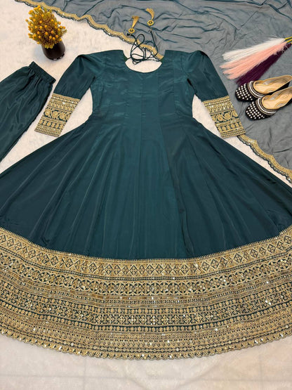 Heavy Natural Crape Embroidered Anarkali Suit Set
